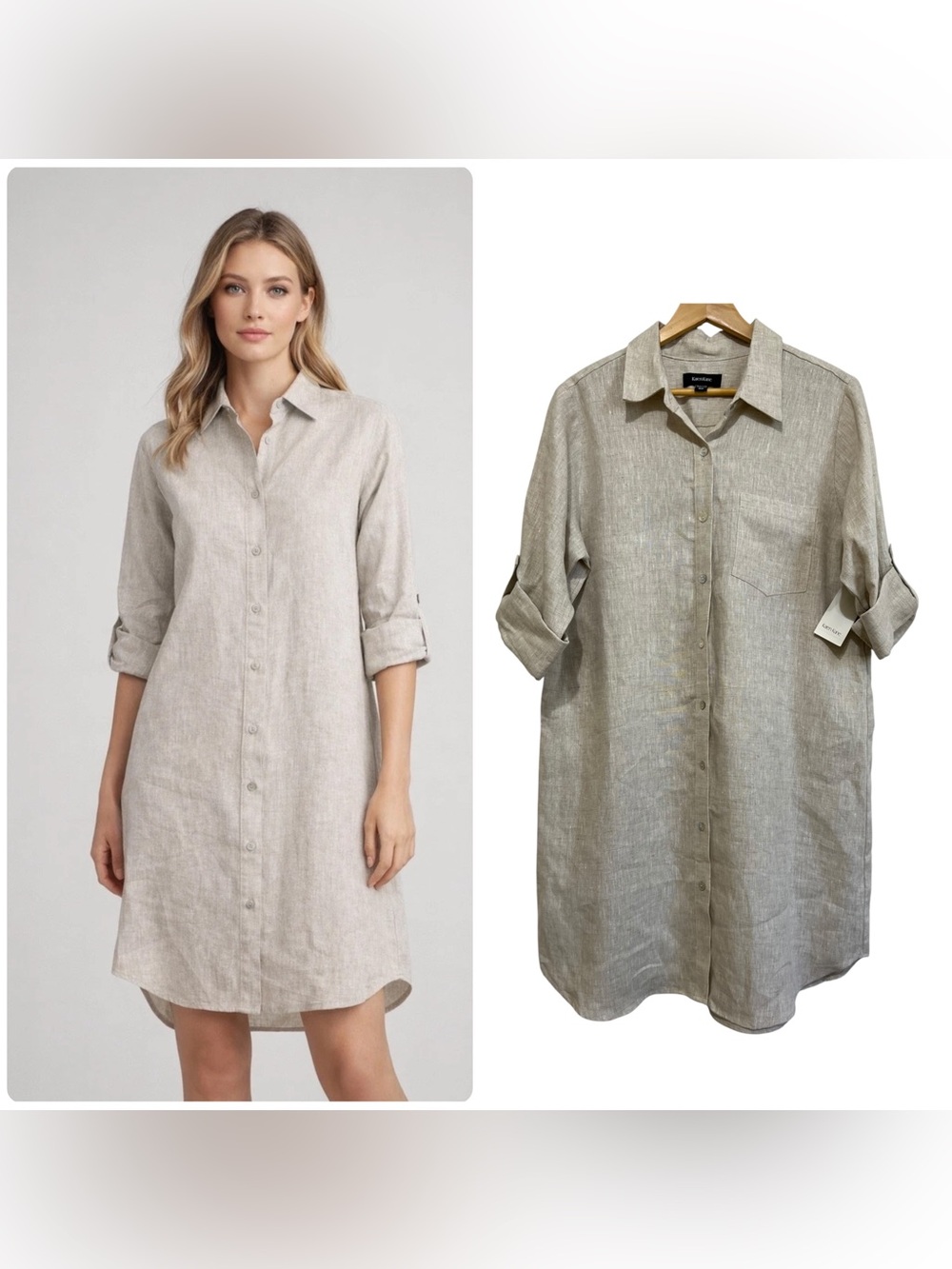 Karen Kane Linen Button-Front Shirt Dress Roll Tab Sleeve in Oat Petite XL NEW